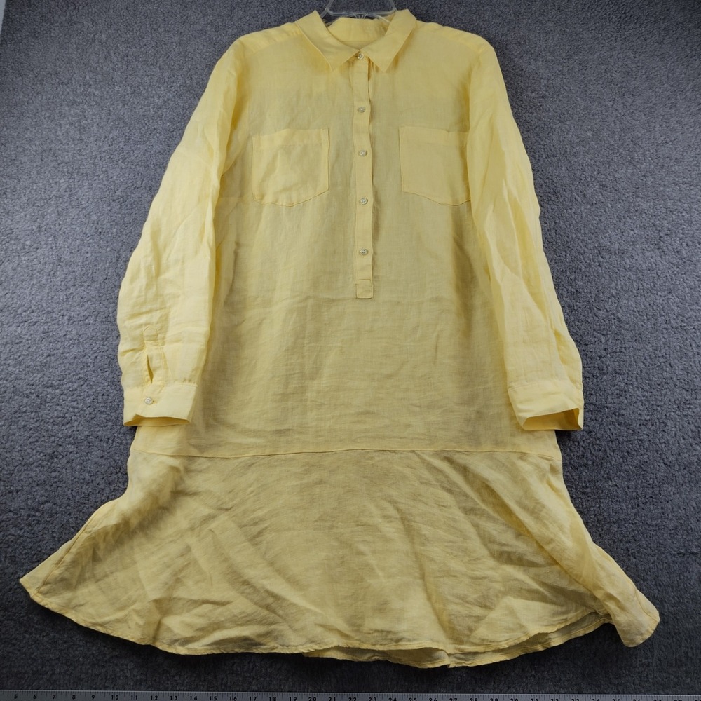 Talbots Yellow Linen Shirt Dress Sz Large Long Sleeve Drop Waist Minimalist